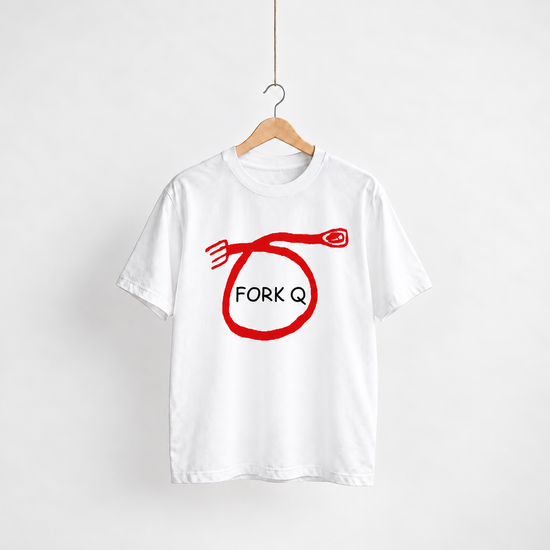 Fork Q white unisex graphic T-shirt — front view on a hanger