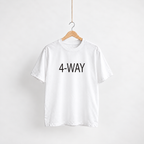 4-Way white unisex graphic T-shirt — front view on a hanger