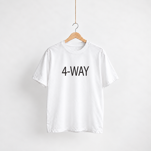 4-Way white unisex graphic T-shirt — front view on a hanger