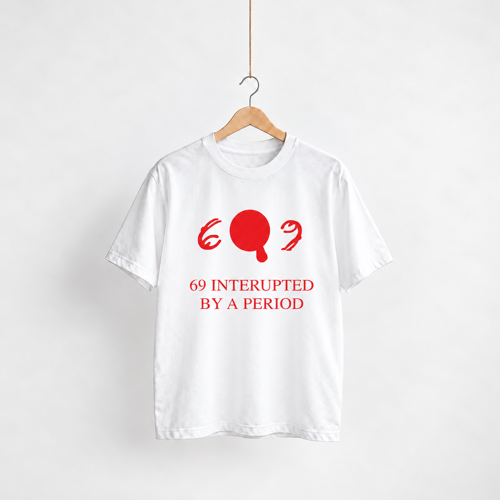69 Interrupted white unisex graphic T-shirt — front view on a hanger