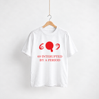 69 Interrupted white unisex graphic T-shirt — front view on a hanger