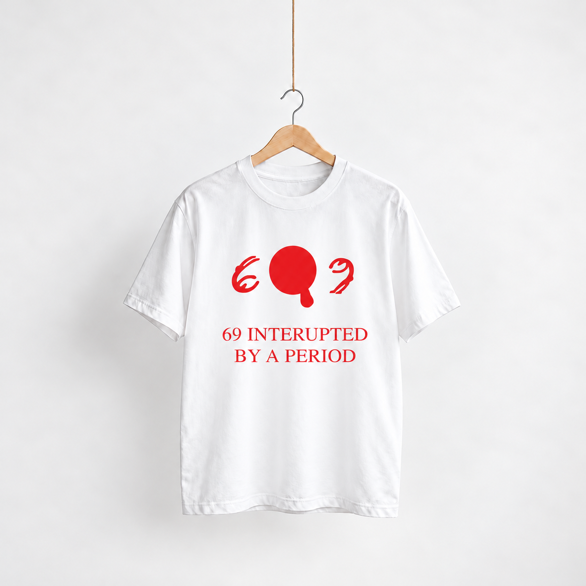 69 Interrupted white unisex graphic T-shirt — front view on a hanger