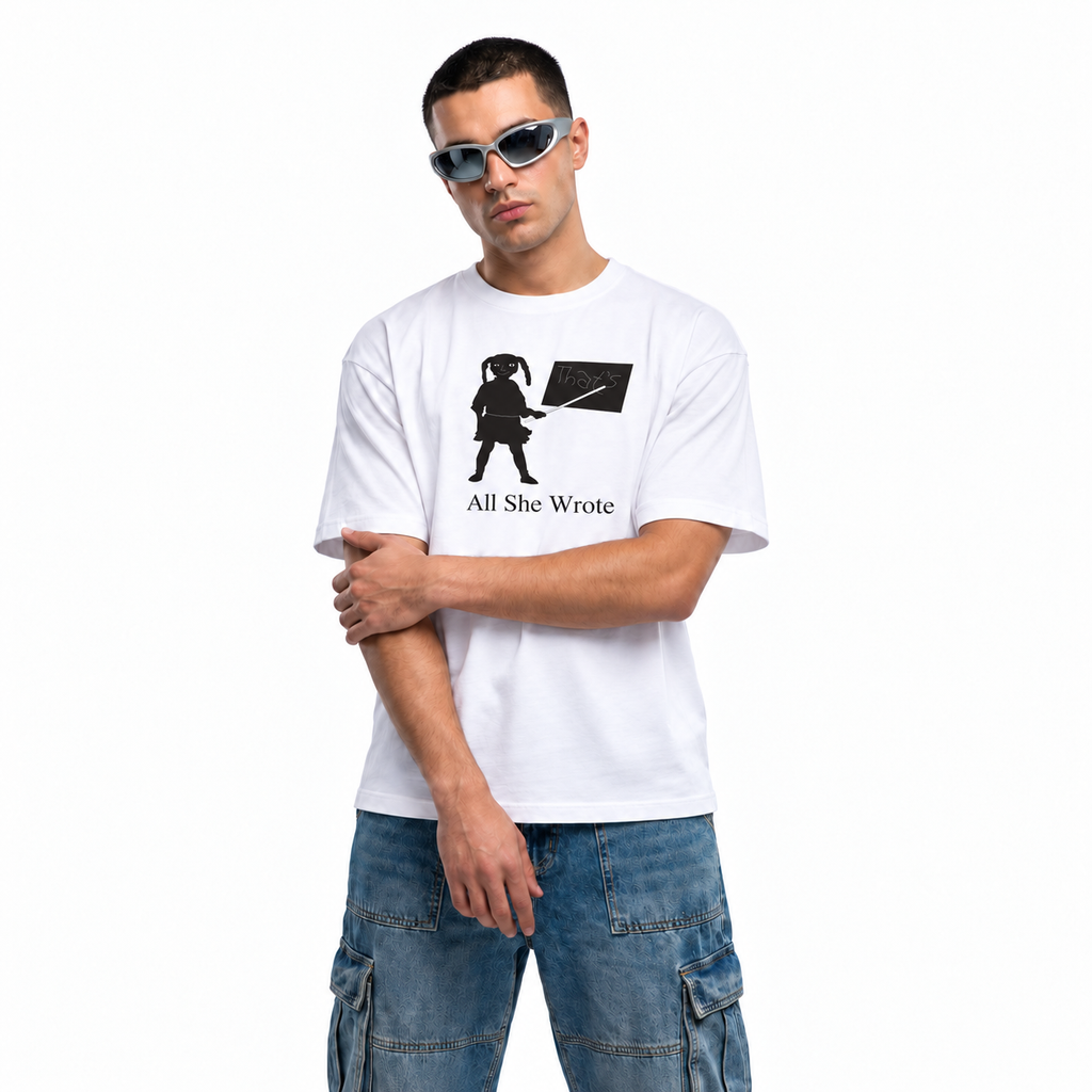 All She Wrote white unisex graphic T-shirt — model view