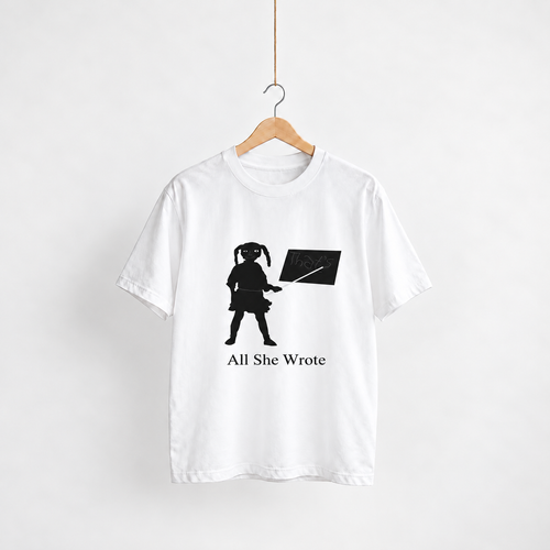 All She Wrote white unisex graphic T-shirt — front view on a hanger