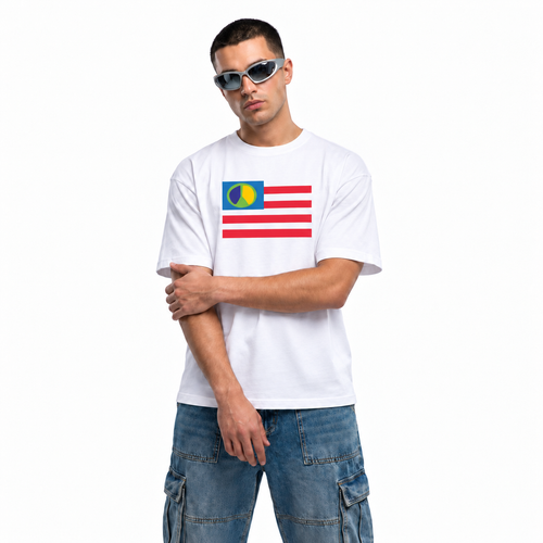American Peace white unisex graphic T-shirt — model view