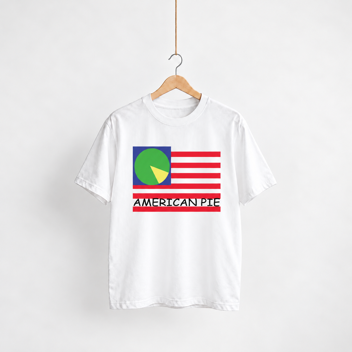 American Pie white unisex graphic T-shirt — front view on a hanger