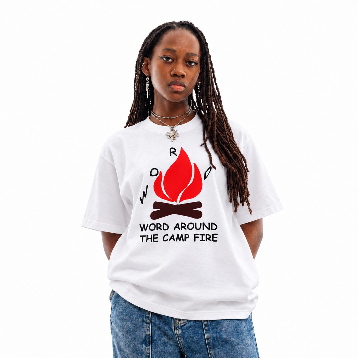 Camp Fire unisex graphic T-shirt — model