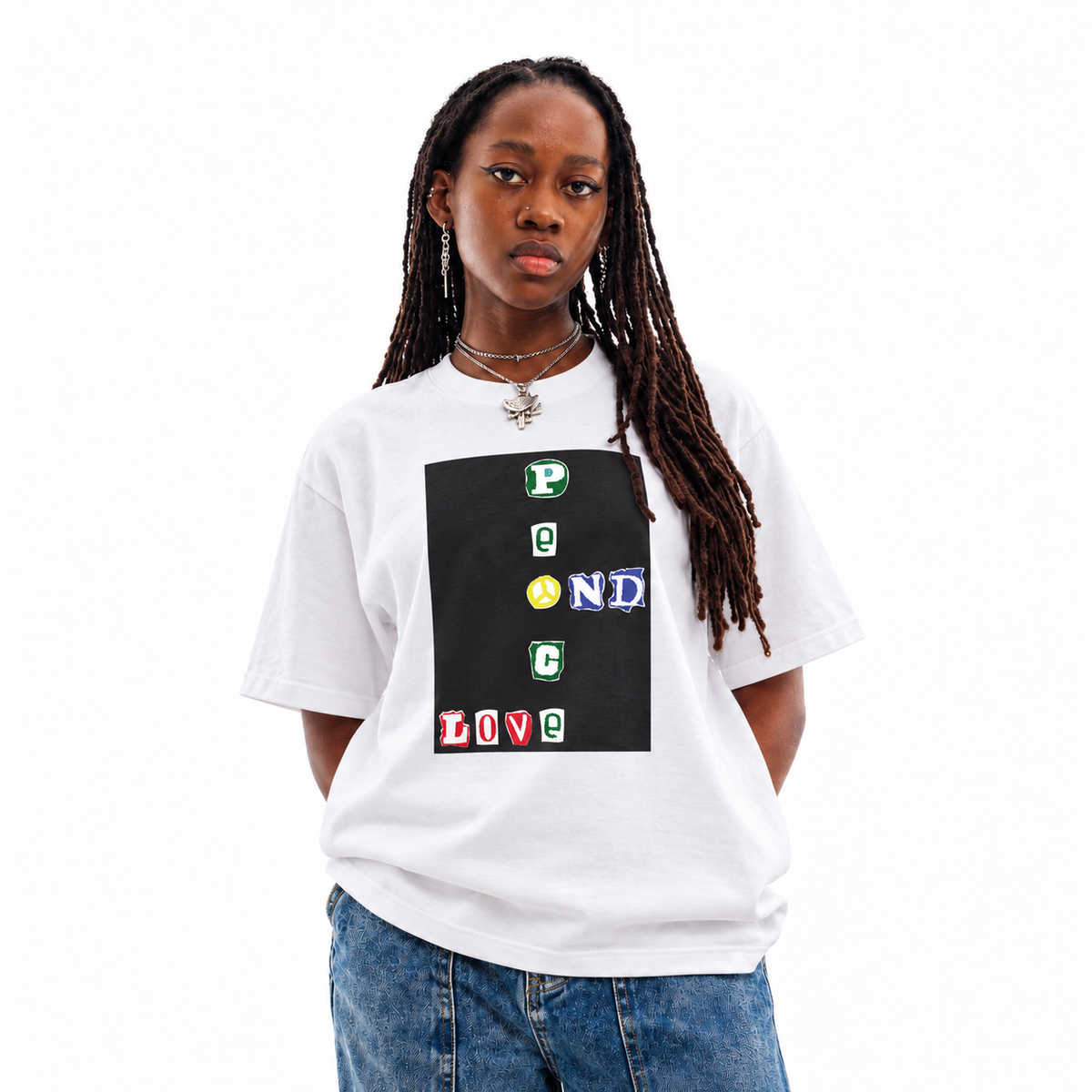 Peace and Love unisex graphic T-shirt — model