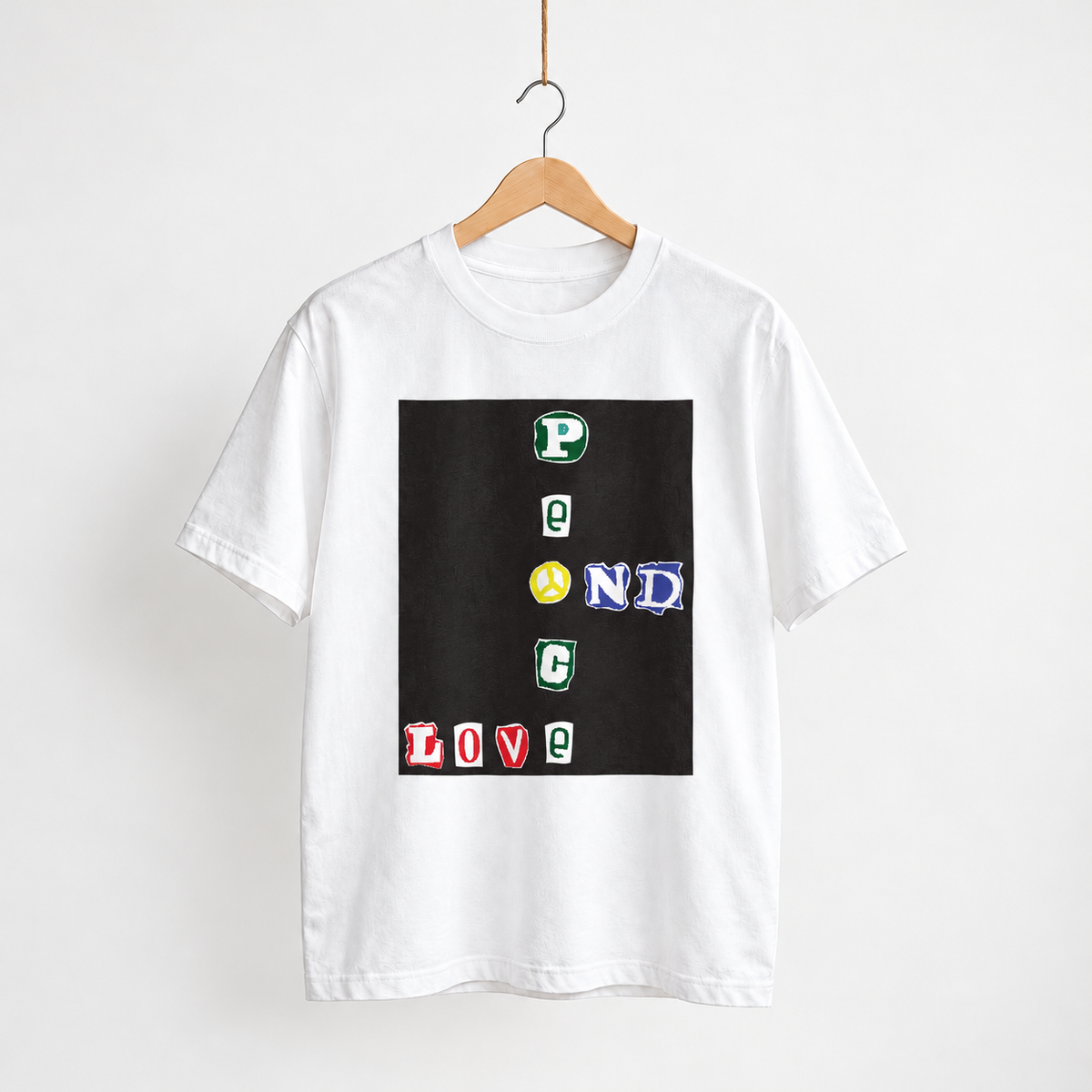 Peace and Love unisex graphic T-shirt — hanger