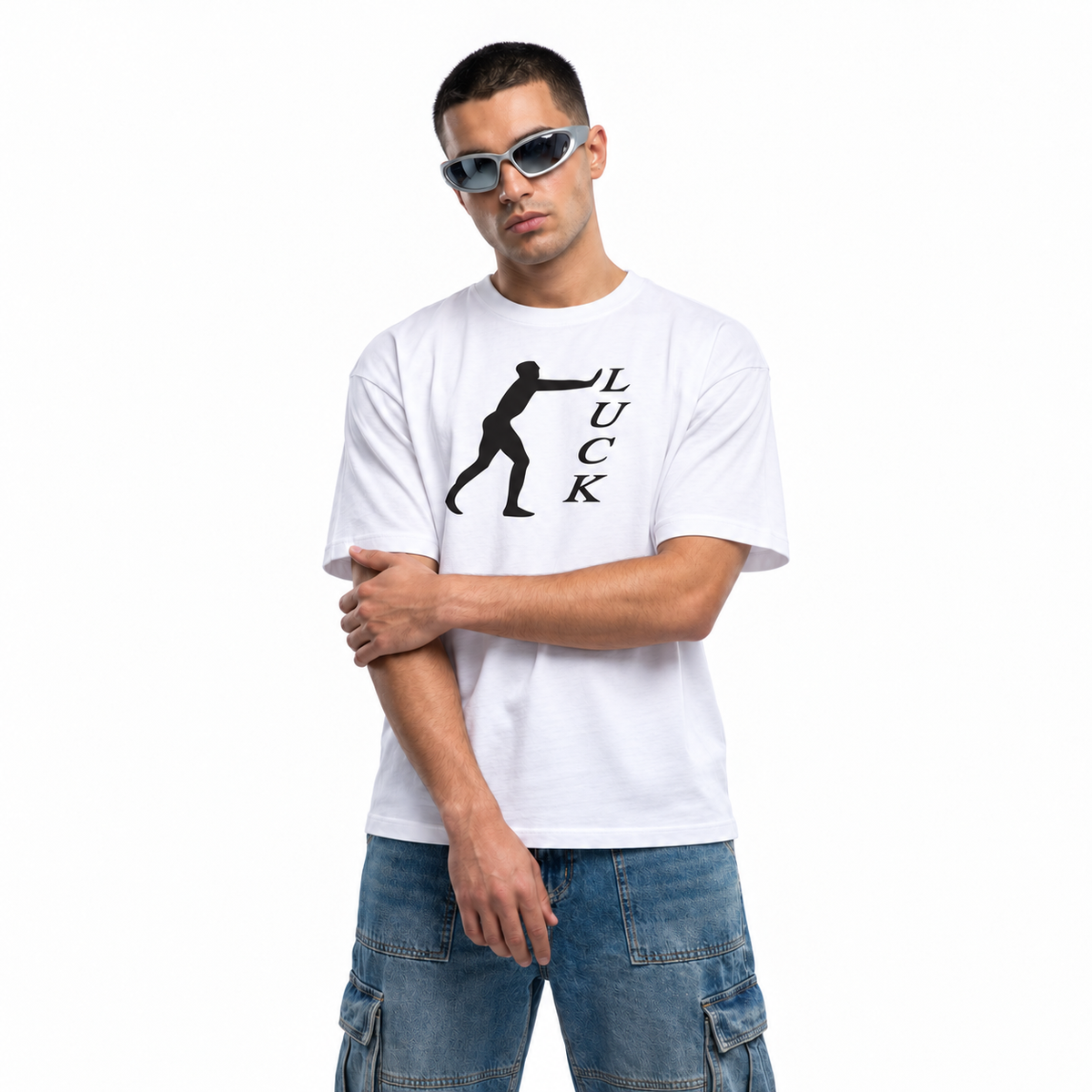 Pushing Luck unisex graphic T-shirt — model