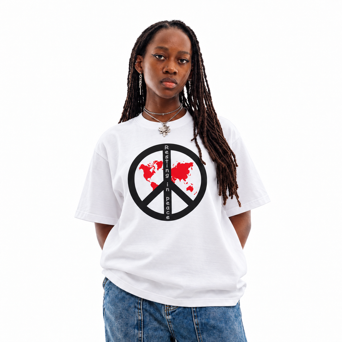 Resting in Peace unisex graphic T-shirt — model