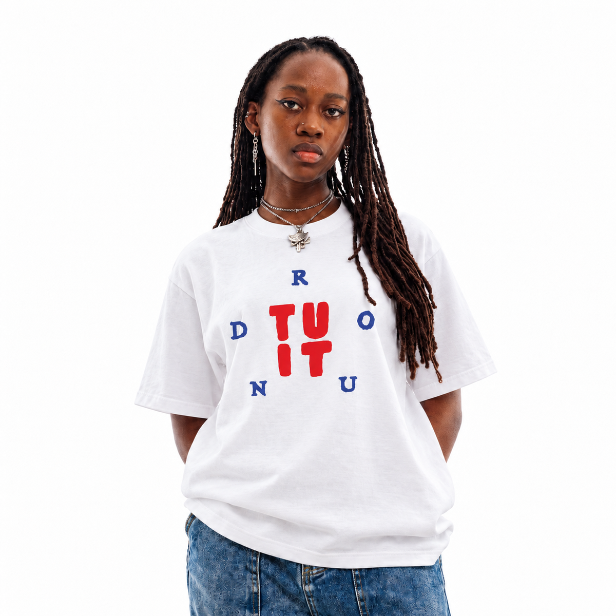 Round to it unisex graphic T-shirt — model