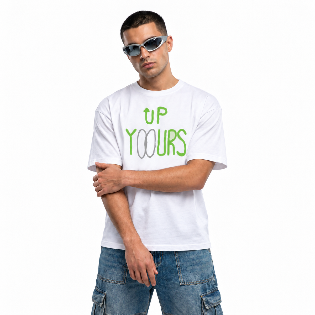Up Yours unisex graphic T-shirt — model