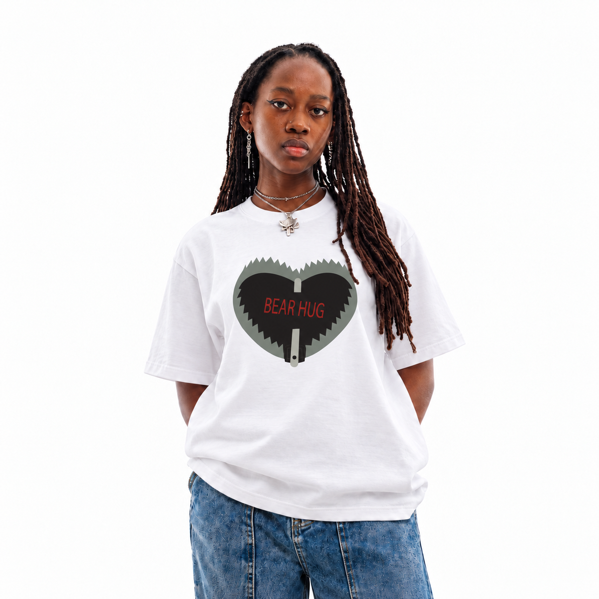 Bear Hug white unisex graphic T-shirt — model view