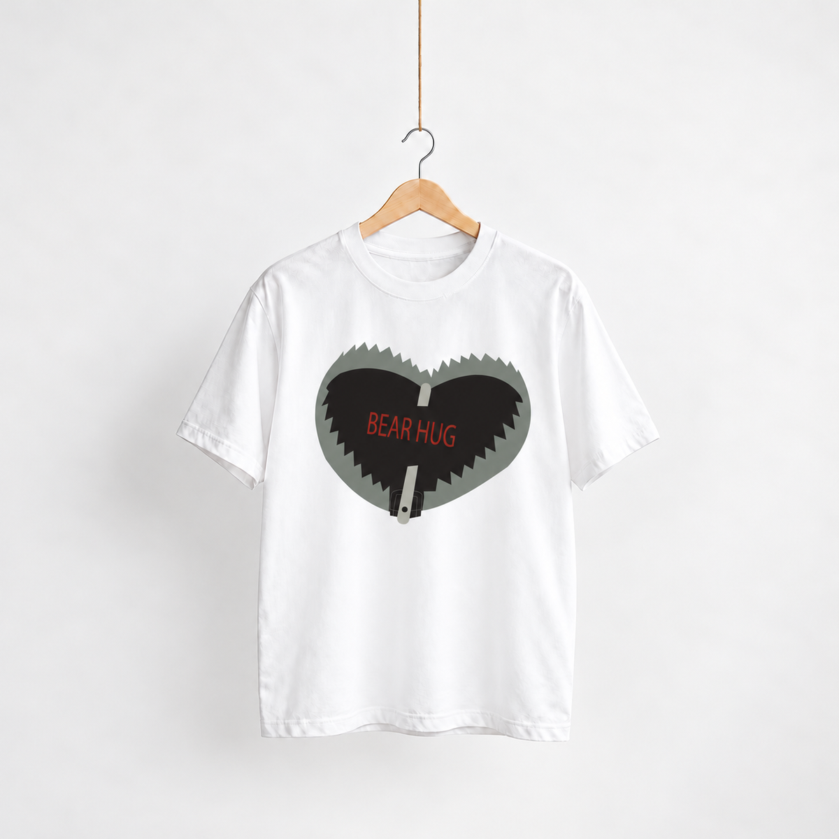 Bear Hug white unisex graphic T-shirt — front view on a hanger