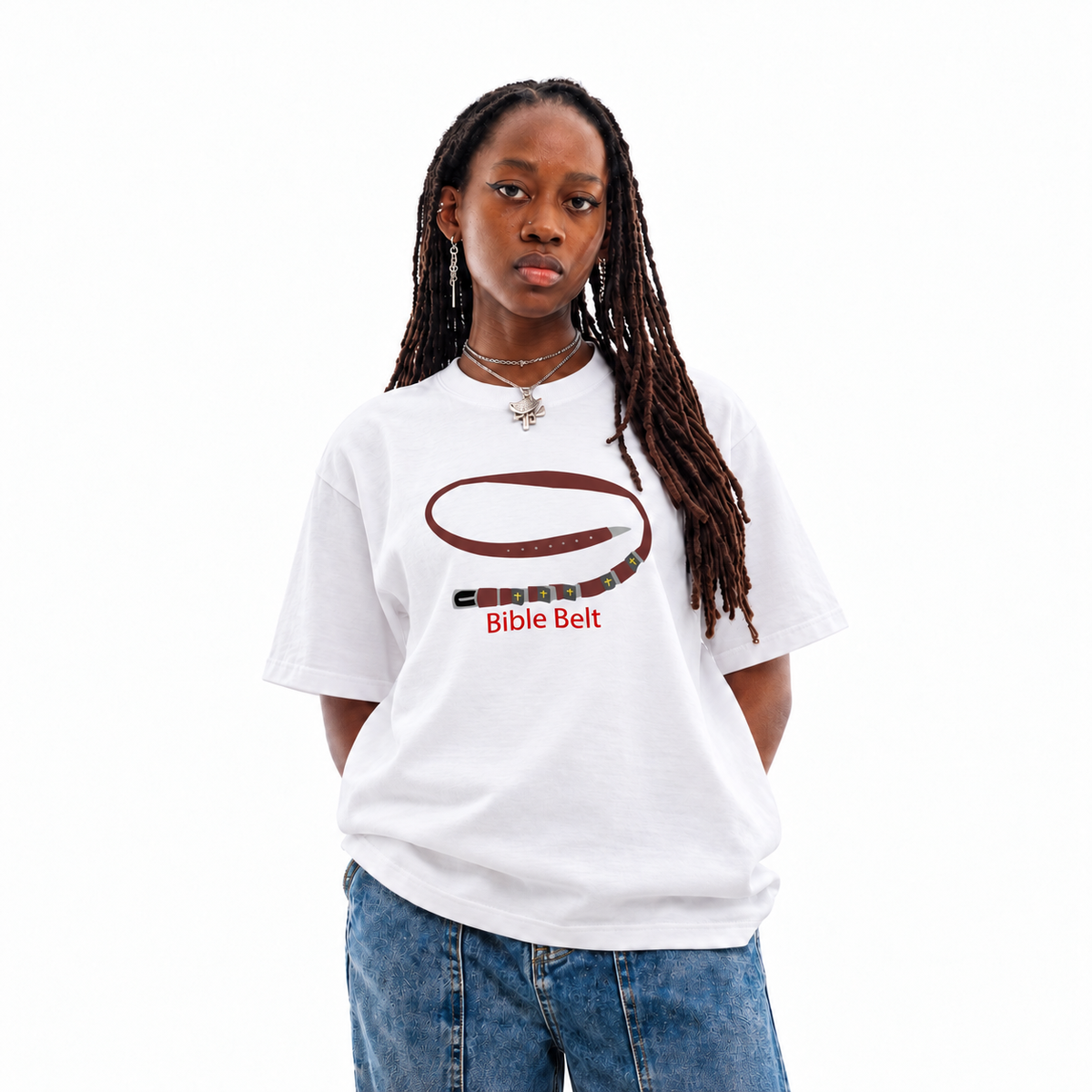Bible Belt white unisex graphic T-shirt — model view