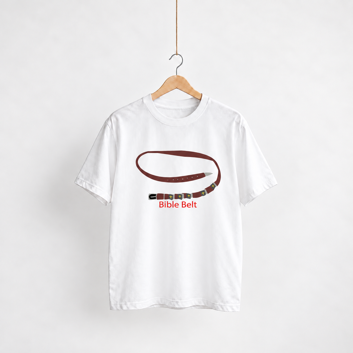 Bible Belt white unisex graphic T-shirt — front view on a hanger