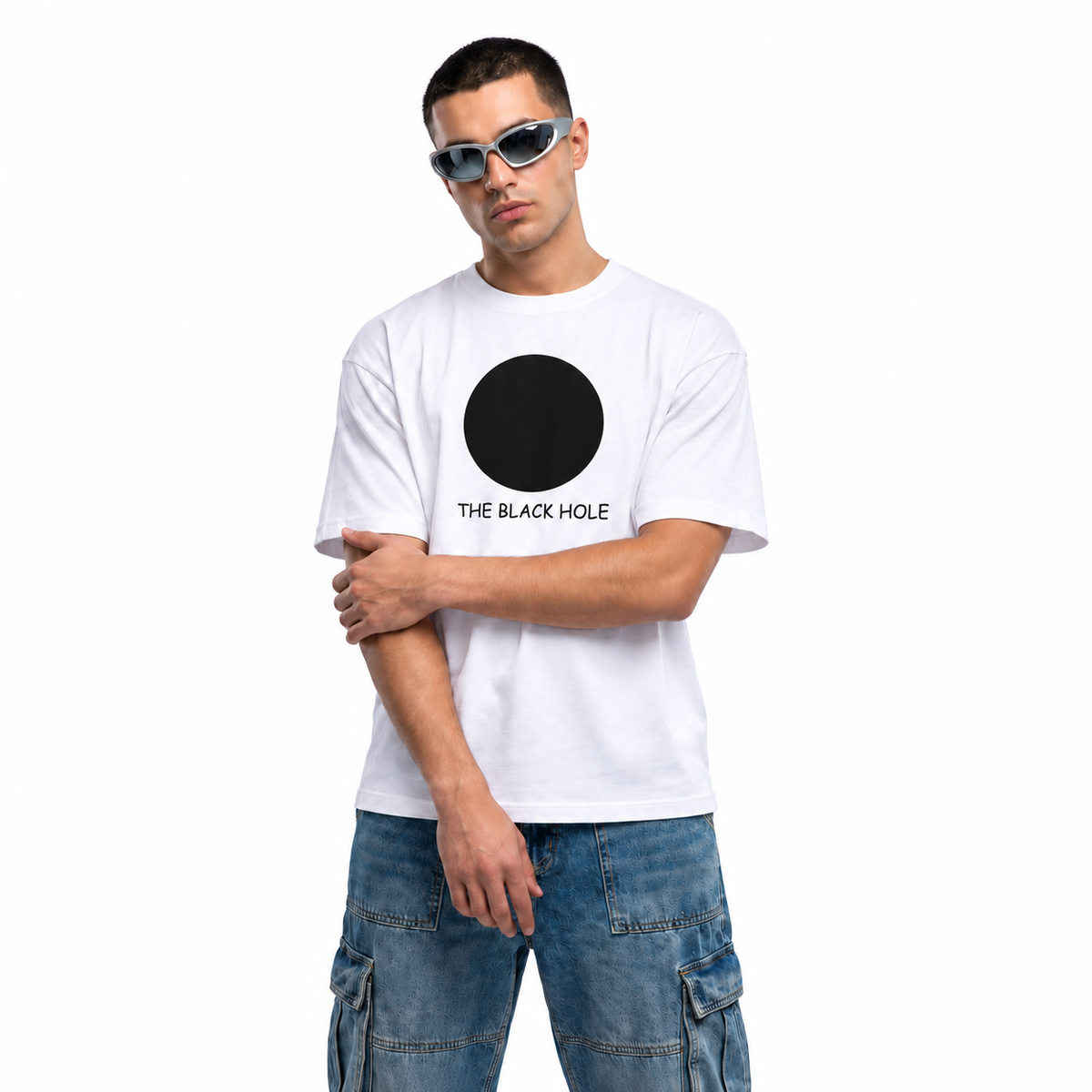 Black Hole white unisex graphic T-shirt — model view