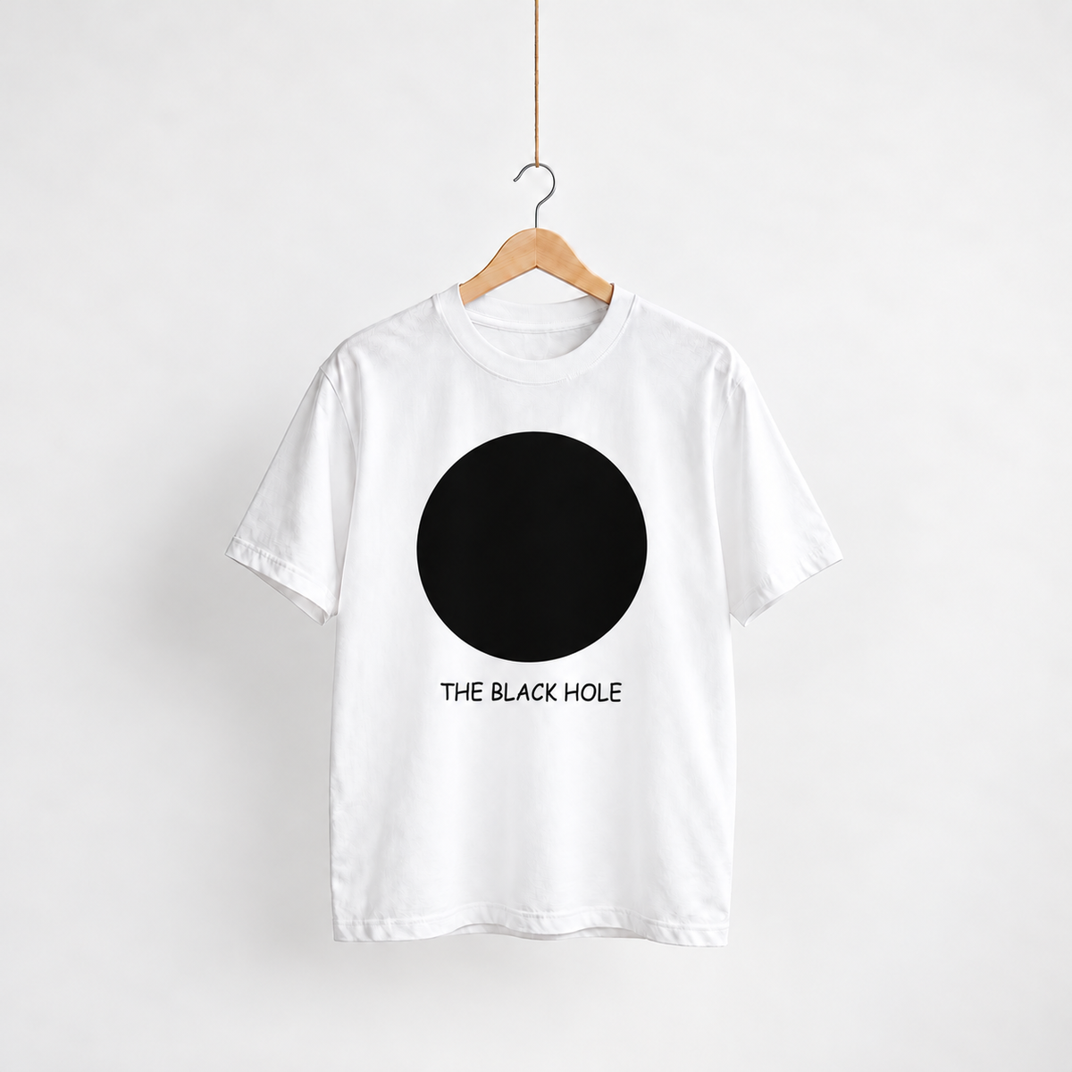 Black Hole white unisex graphic T-shirt — front view on a hanger