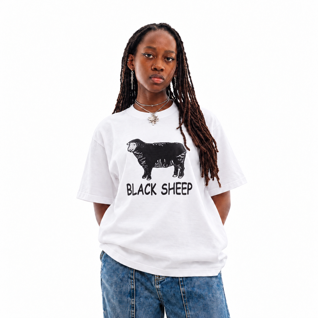 Black Sheep white unisex graphic T-shirt — model view