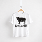 Black Sheep white unisex graphic T-shirt — front view on a hanger