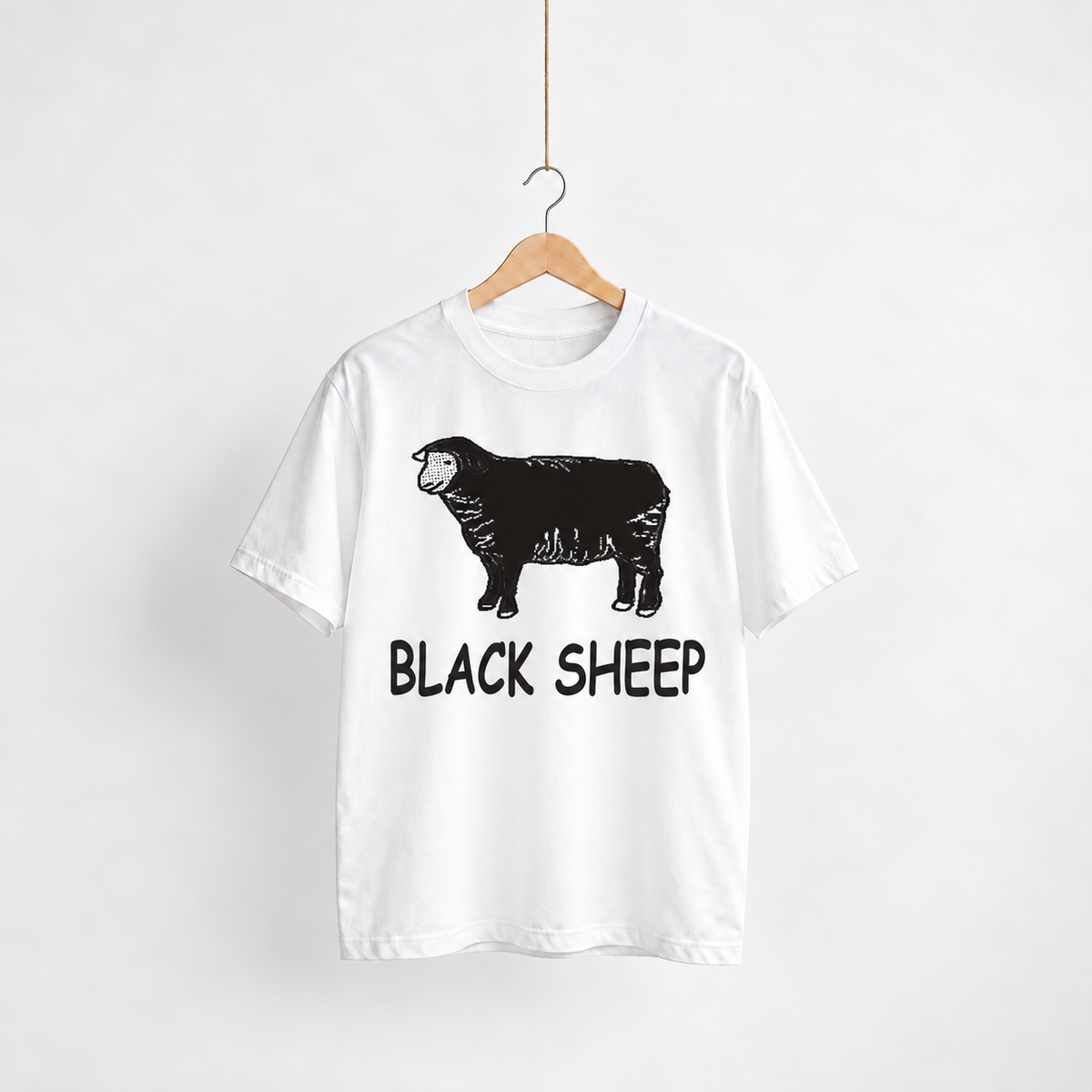 Black Sheep white unisex graphic T-shirt — front view on a hanger