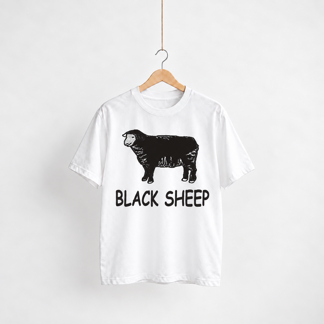 Black Sheep white unisex graphic T-shirt — front view on a hanger