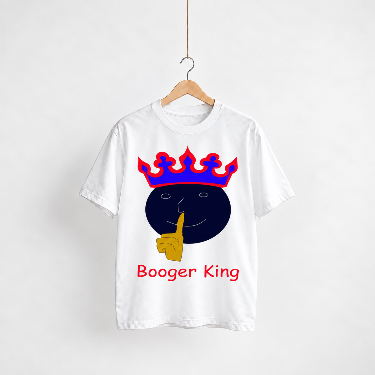 Booger King white unisex graphic T-shirt — front view on a hanger