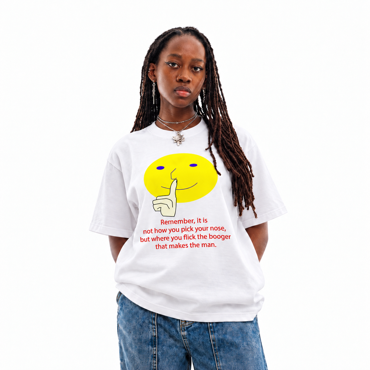 Booger Philosophy white unisex graphic T-shirt — model view