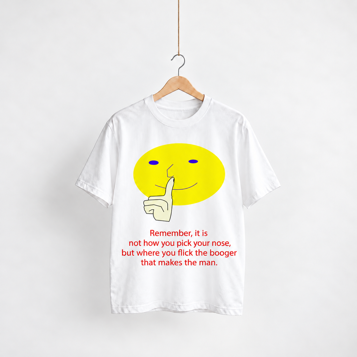 Booger Philosophy white unisex graphic T-shirt — front view on a hanger
