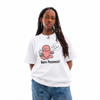Born Pessimist white unisex graphic T-shirt — model view
