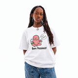 Born Pessimist white unisex graphic T-shirt — model view
