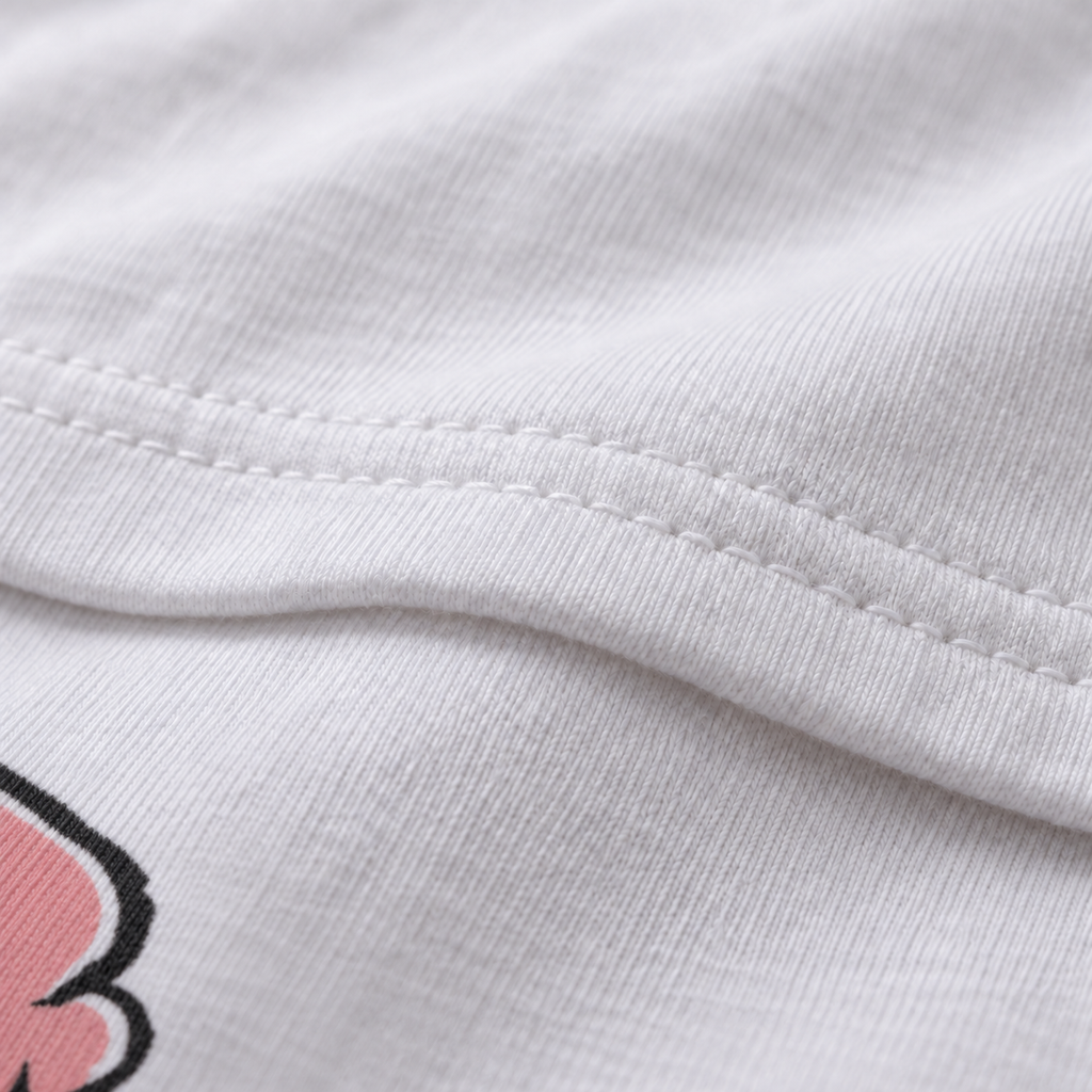 Born Pessimist white unisex graphic T-shirt — fabric and print close-up