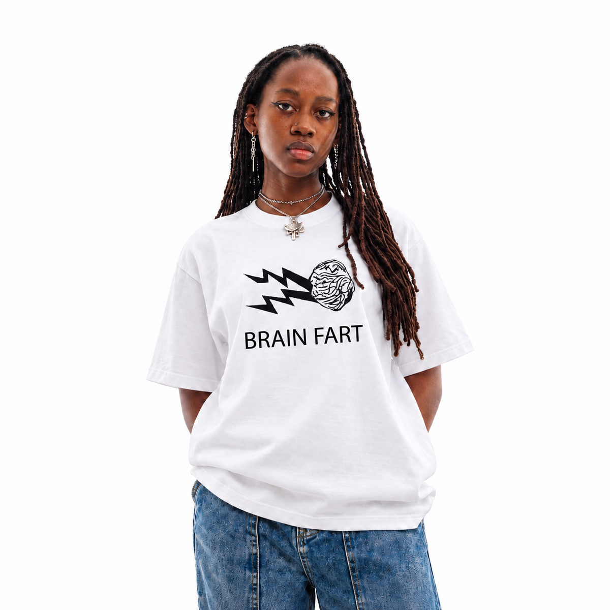 Brain Fart white unisex graphic T-shirt — model view