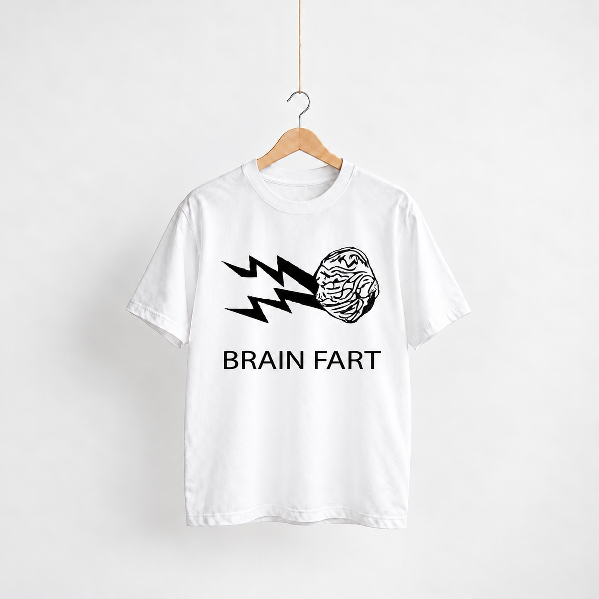 Brain Fart white unisex graphic T-shirt — front view on a hanger