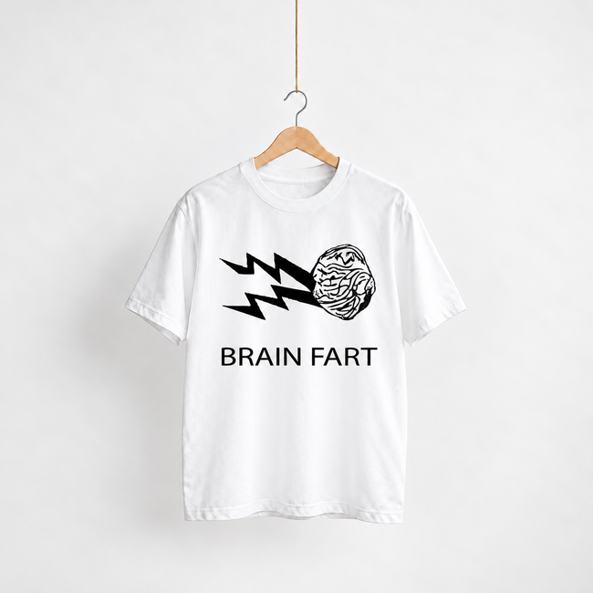Brain Fart white unisex graphic T-shirt — front view on a hanger