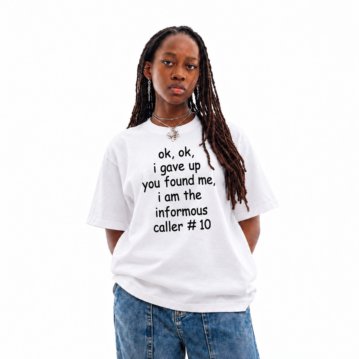 Caller #10 white unisex graphic T-shirt — model view