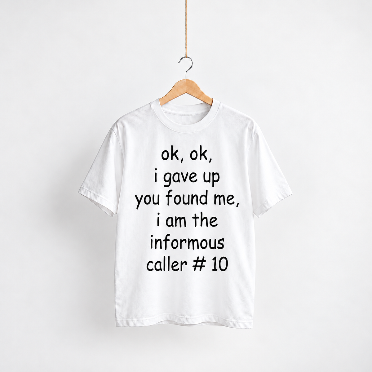 Caller #10 white unisex graphic T-shirt — front view on a hanger