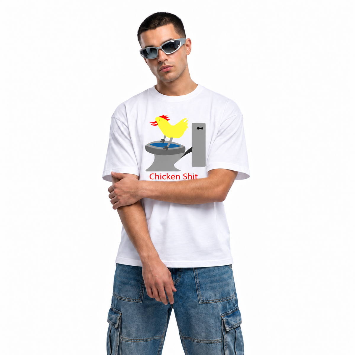 Chicken Shit white unisex graphic T-shirt — model view