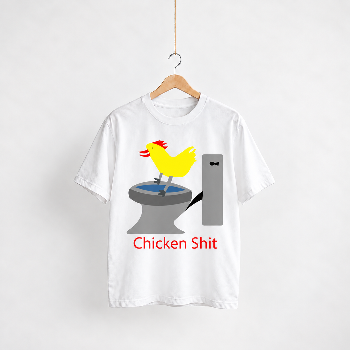Chicken Shit white unisex graphic T-shirt — front view on a hanger