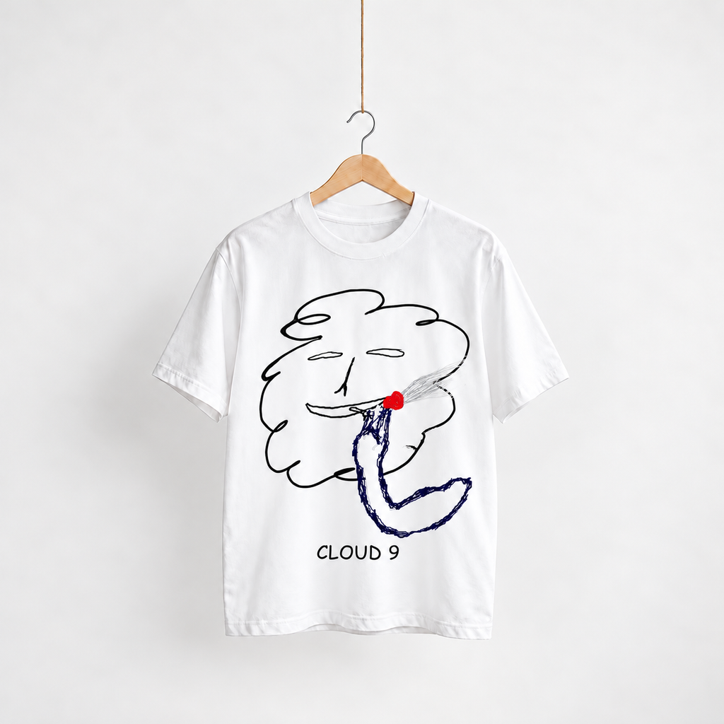 Cloud 9 white unisex graphic T-shirt — front view on a hanger