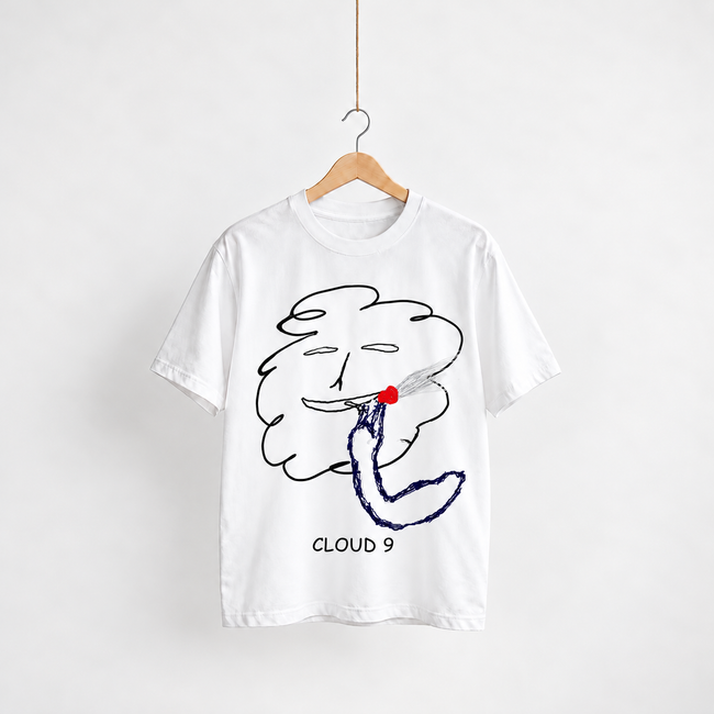 Cloud 9 white unisex graphic T-shirt — front view on a hanger