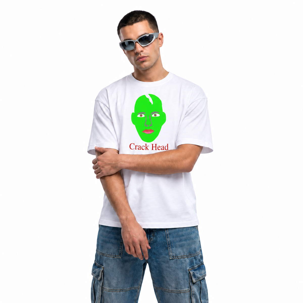 Crack Head white unisex graphic T-shirt — model view