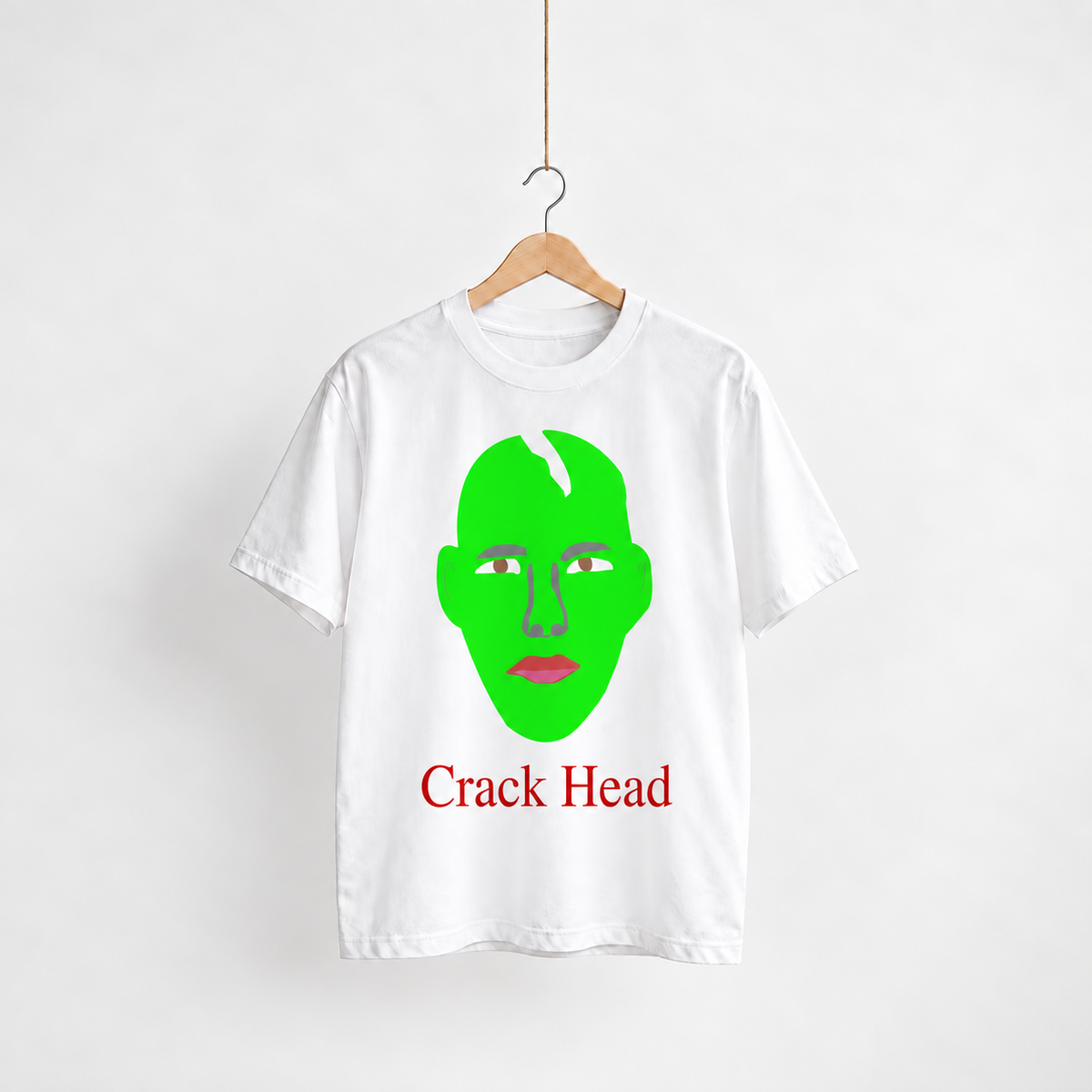 Crack Head white unisex graphic T-shirt — front view on a hanger