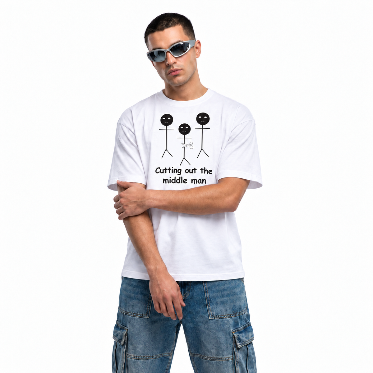 Cutting Out the Middle Man white unisex graphic T-shirt — model view