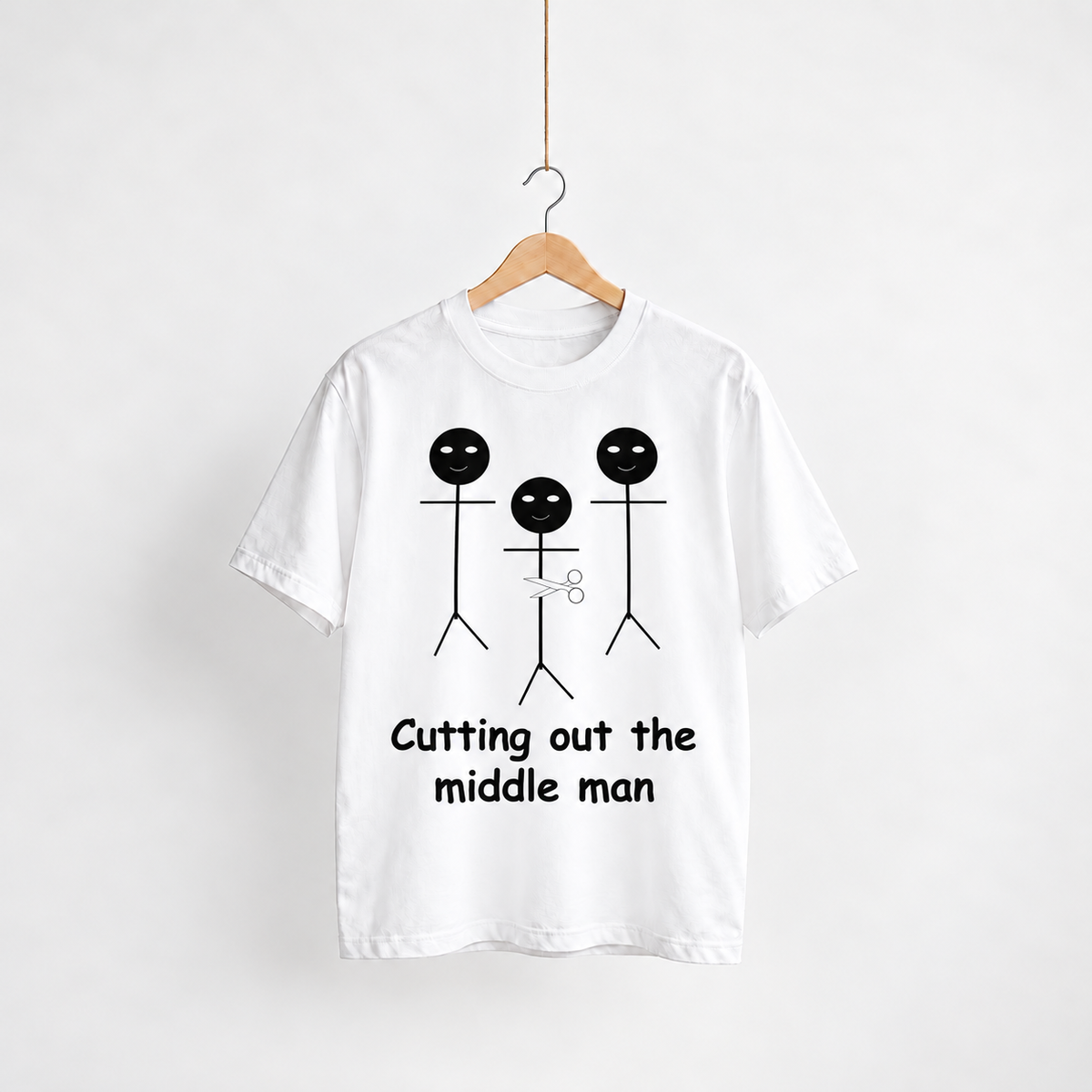 Cutting Out the Middle Man white unisex graphic T-shirt — front view on a hanger