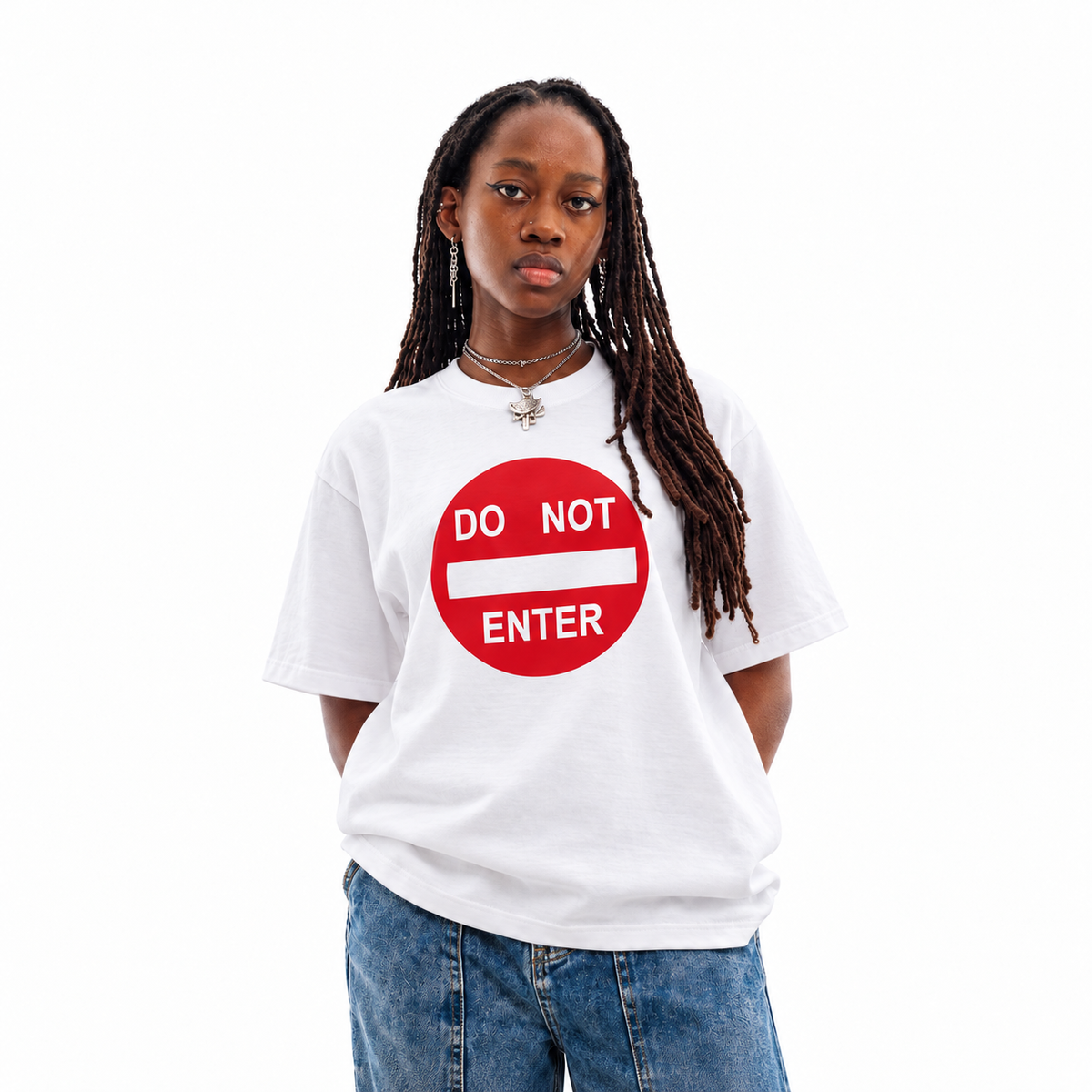 Do Not Enter white unisex graphic T-shirt — model view