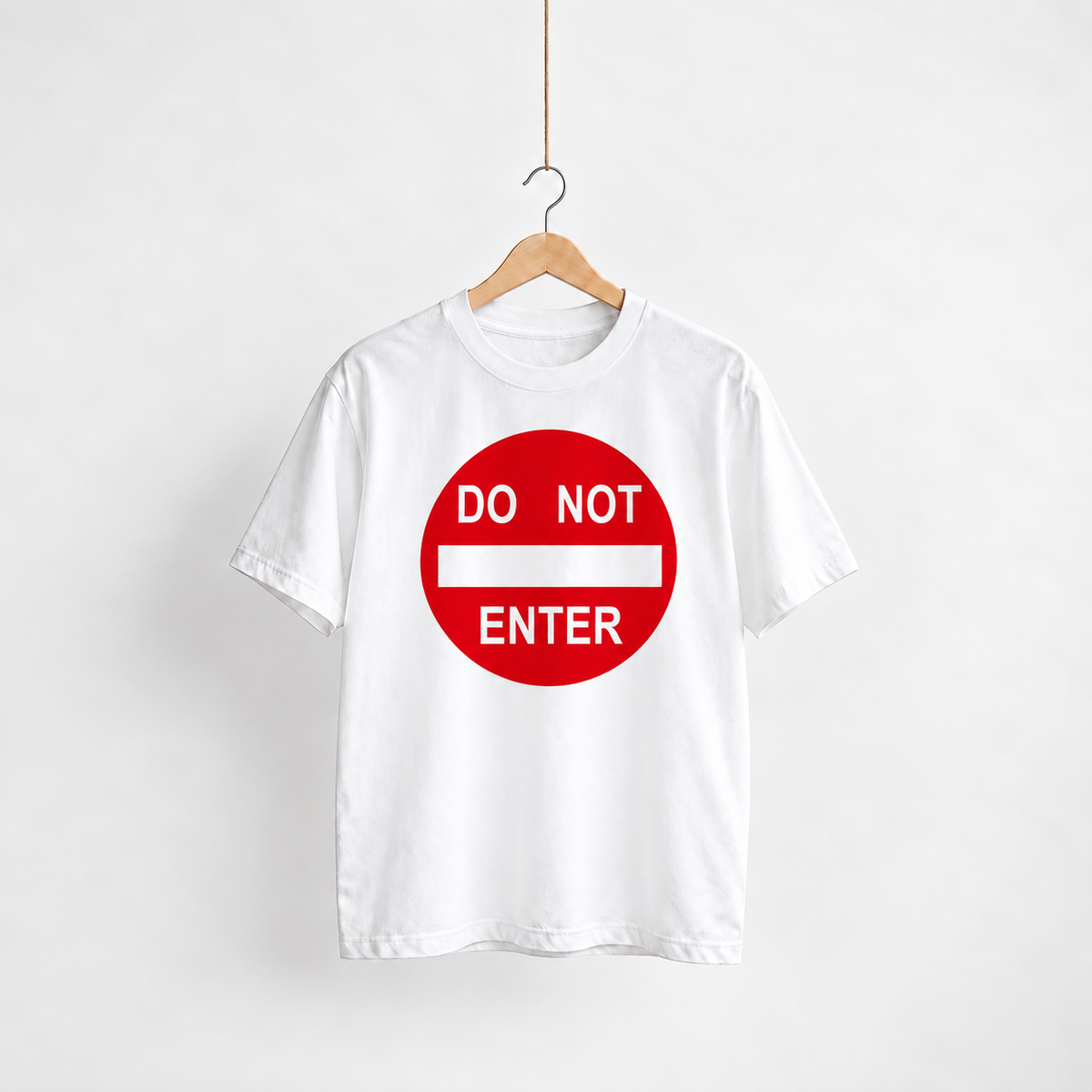 Do Not Enter white unisex graphic T-shirt — front view on a hanger