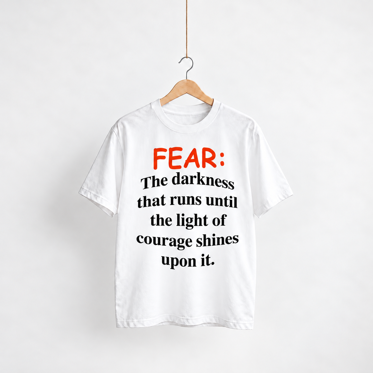 Fear white unisex graphic T-shirt — front view on a hanger