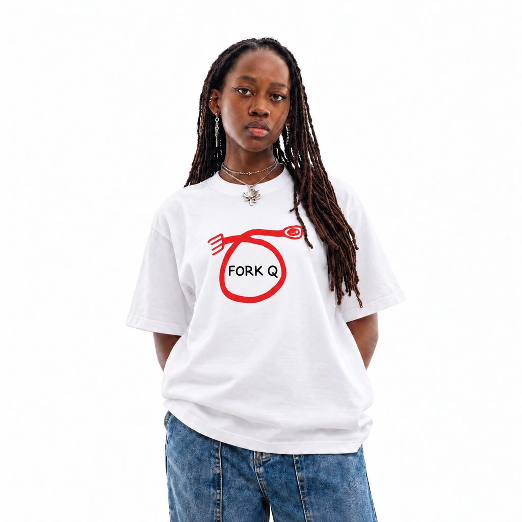 Fork Q white unisex graphic T-shirt — model view